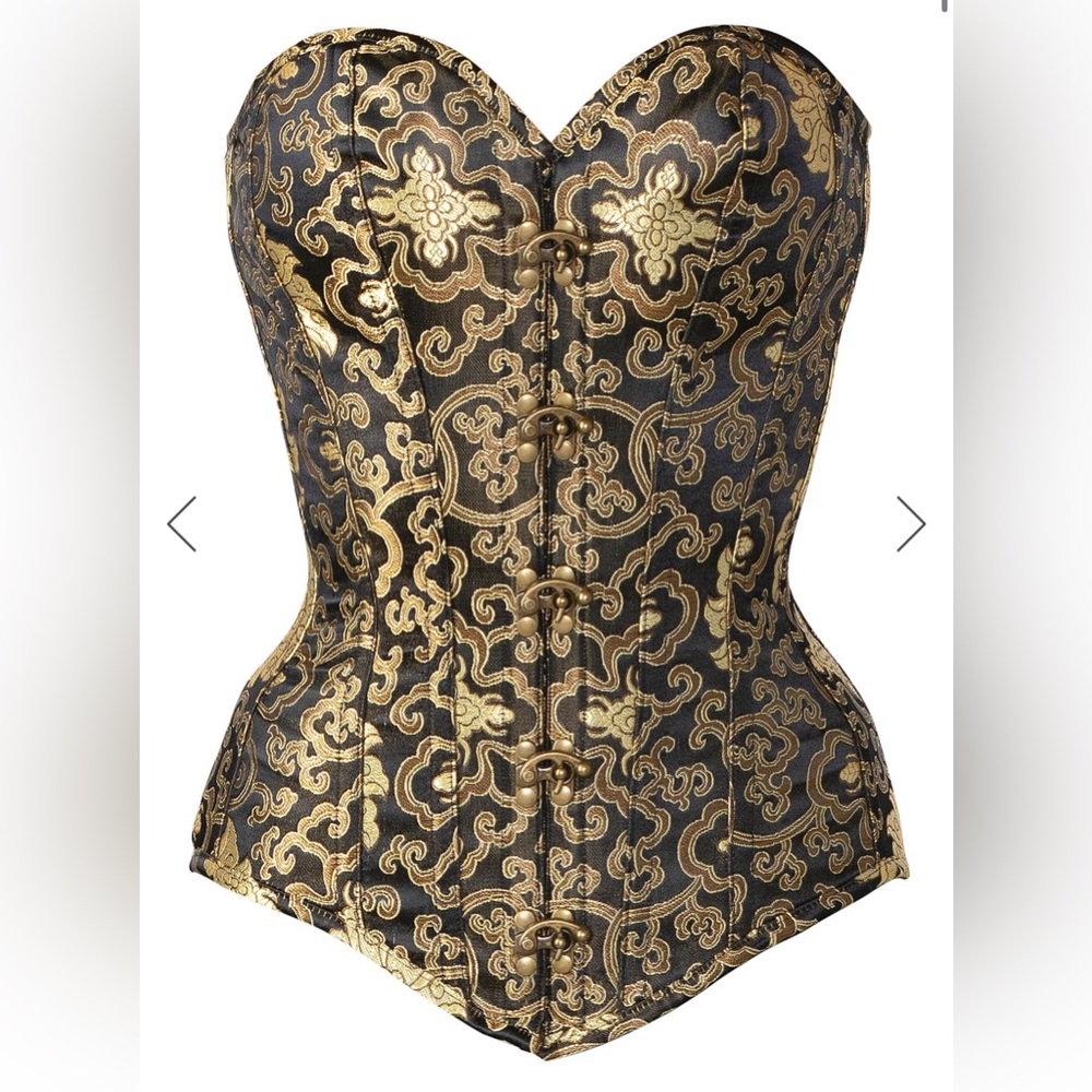 BLACK WITH GOLD BROCADE PATTERN LONGLINE OVERBUST CORSET WITH HOOKS NWT